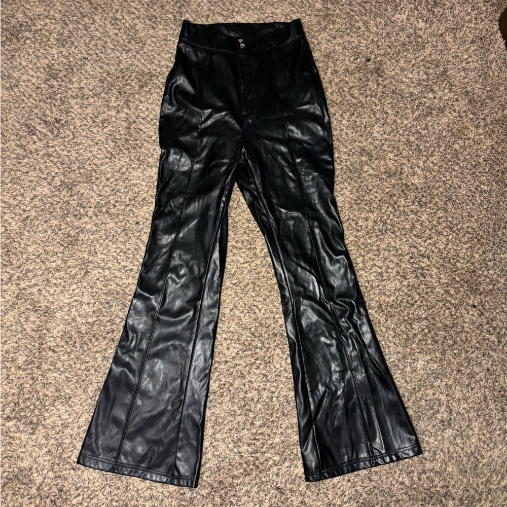 Black Faux Leather High-Waisted Flare Pants (SHEIN)